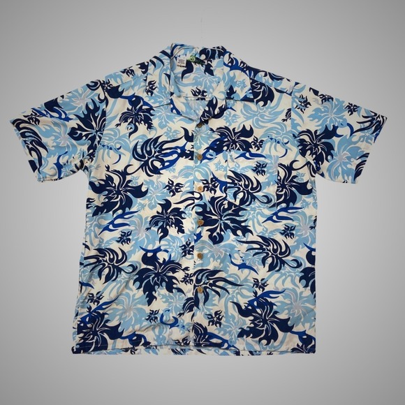 Ten Zone Hawaiian Other - Ten Zone Hawaiian Mens Blue White Floral Tribal Button Down Shirt Large